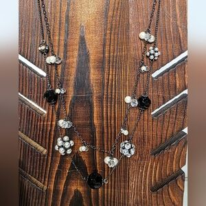 White House Black Market Black and Silver Floral Necklace